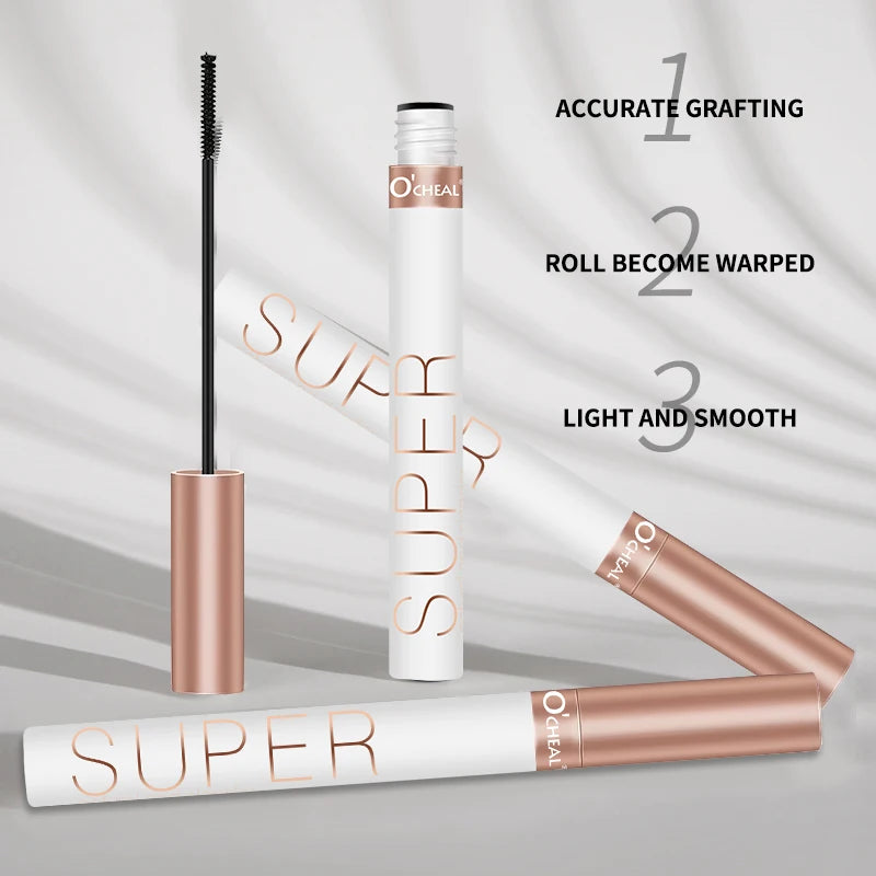 AuraLab O‘Cheal black mascara with 3D silk brush, showcasing thick, curling, lengthening lashes for a dramatic eye makeup look.