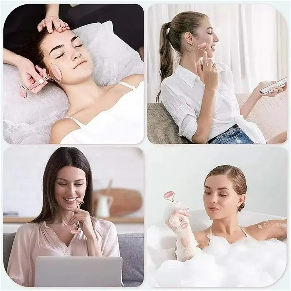 AuraLab dual size facial massage kit with heart-shaped Gua Sha board and roller for skin lifting and puffiness reduction.