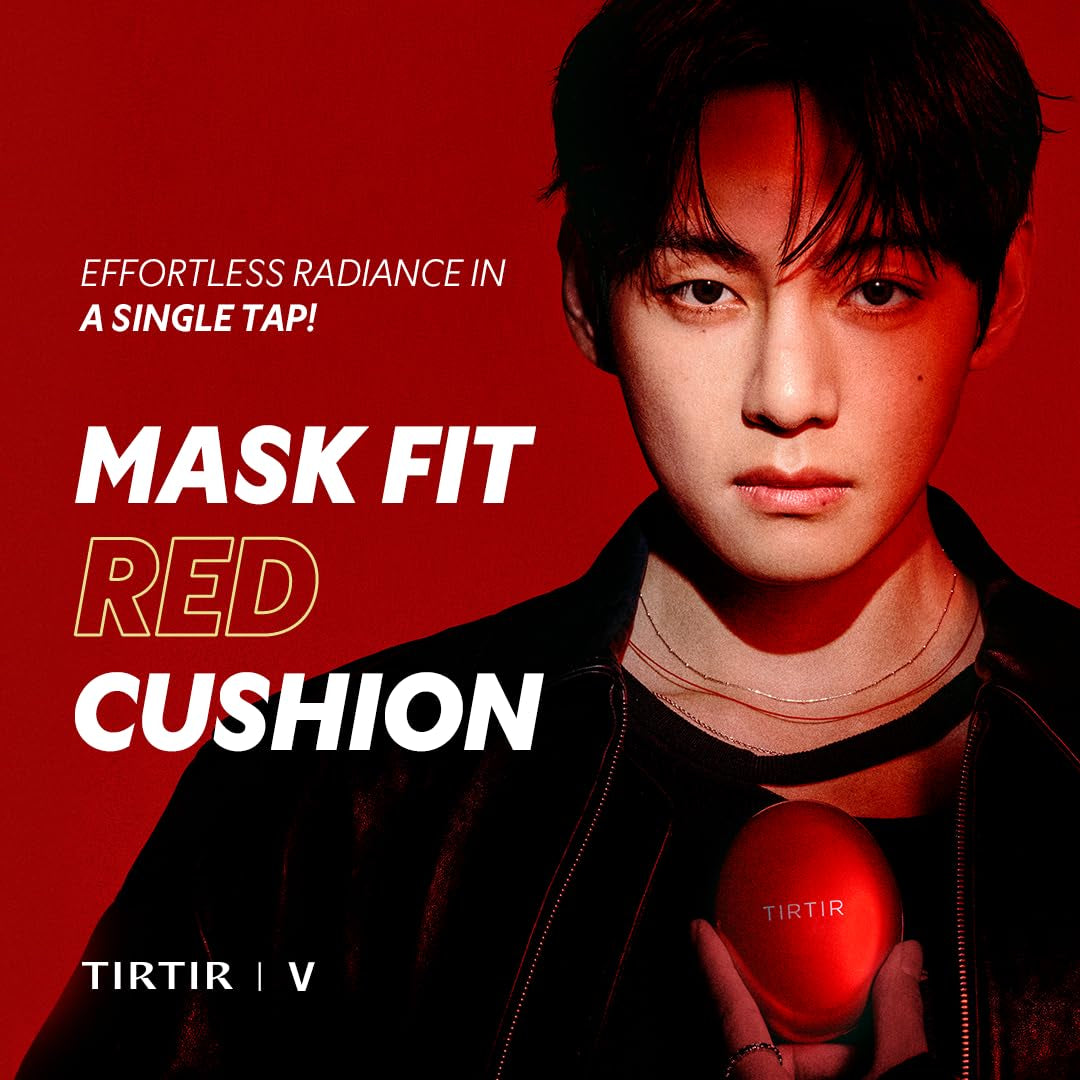 AuraLab Mask Fit Red Cushion Foundation in shade 23N Sand showing full coverage, weightless skin fit, satin glow finish, Korean makeup.