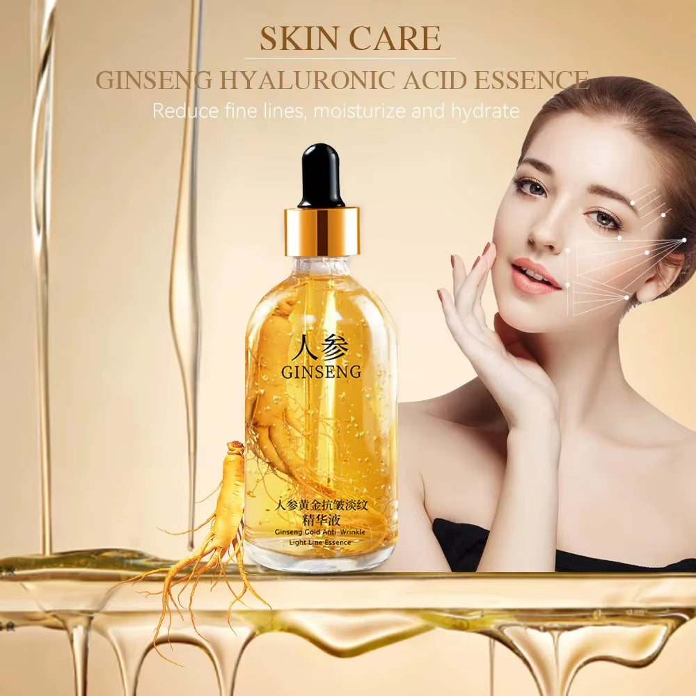 AuraLab 100ml gold hyaluronic acid face serum with niacinamide, collagen, and whitening ingredients for anti-aging and skin lifting.