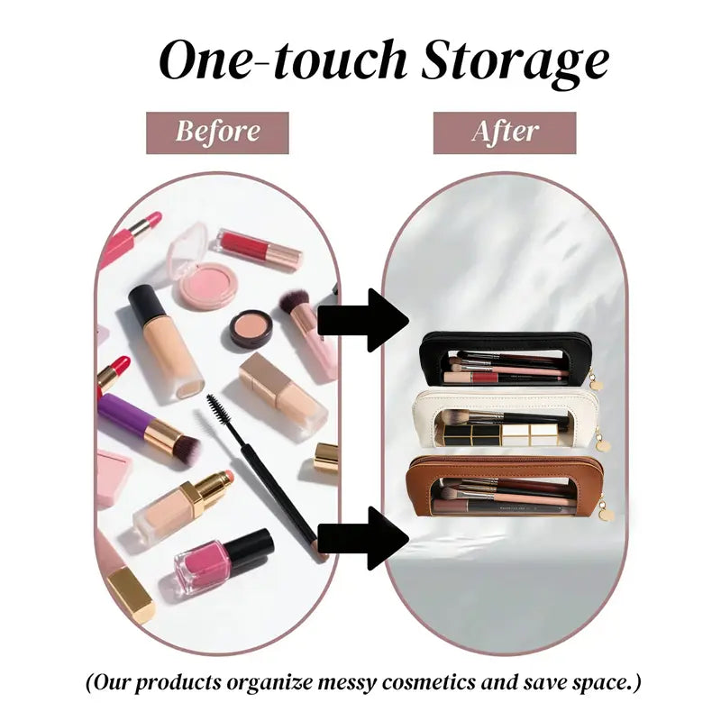 Portable Makeup Brush & Cosmetic Bag before and after organization comparison with cosmetics.