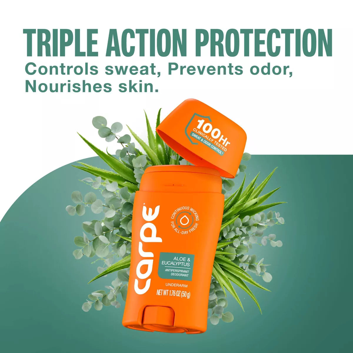 AuraLab Carpe Men’s 100HR sweat and odor control underarm antiperspirant deodorant, 1.76 oz, with clinical testing visible on the packaging