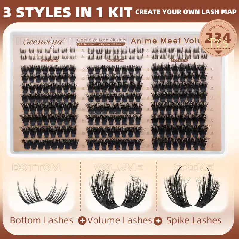 Geeneiya Anime Meet Volume Lash Clusters Kit with Bottom Lashes |Volume Lashes |Spike Lashes | with Waterproof Lash Bond and Seal, Tweezers,Diy Lash Clusters Kit D Curvature #Sohochic