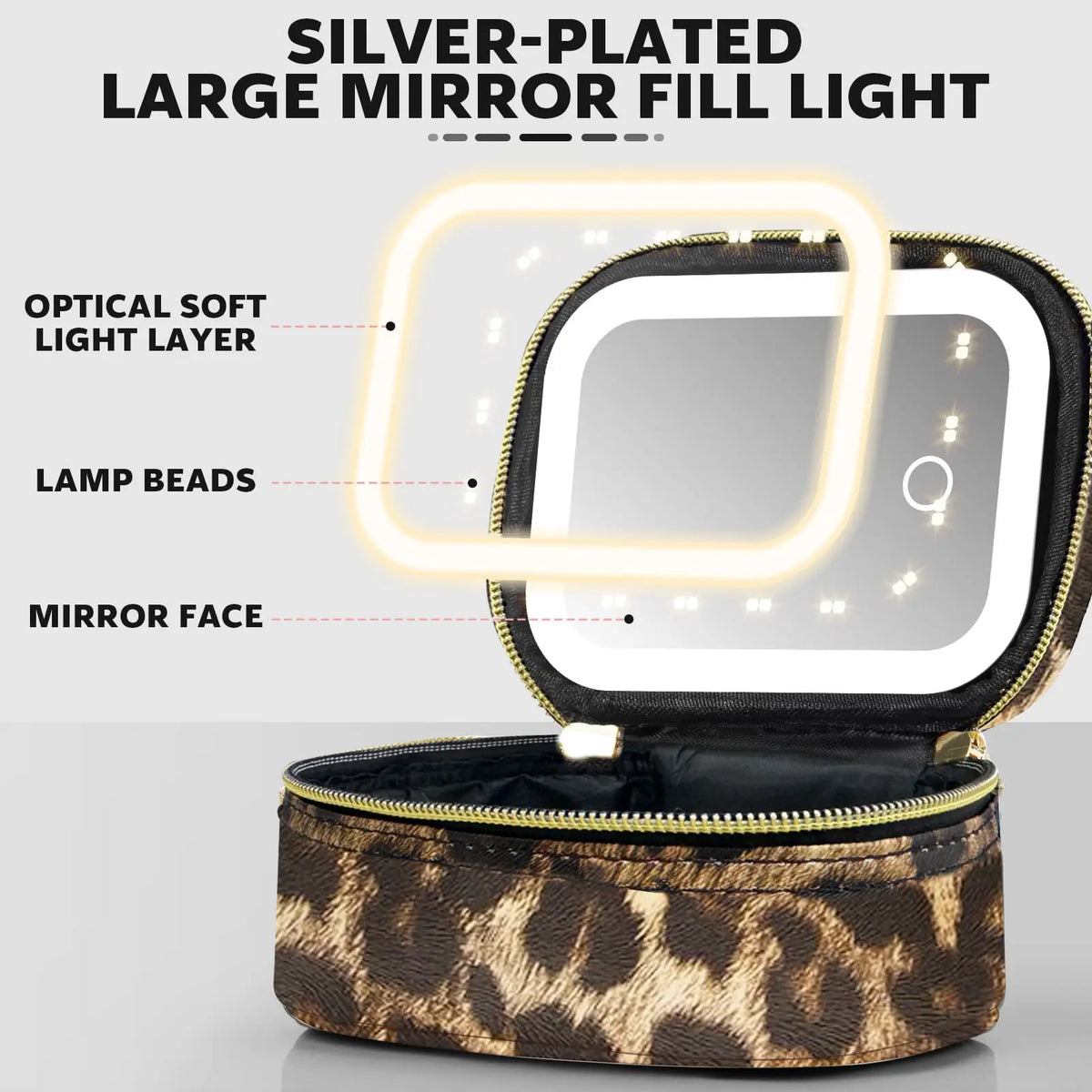 Leopard Print Mini Travel Makeup Bag with LED Light Mirror, 500Mah Rechargeable Touch Dimmable Beauty Storage Pouch for Travel, Cosmetic Bags