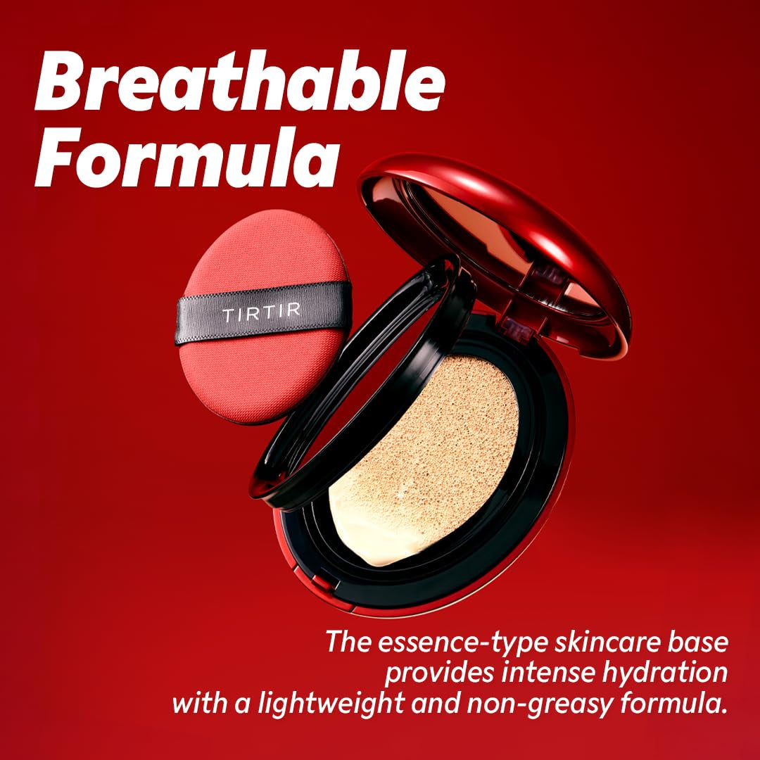 AuraLab Mask Fit Red Cushion Foundation in shade 23N Sand with satin glow finish, full coverage, weightless, skin fit, Korean BB makeup