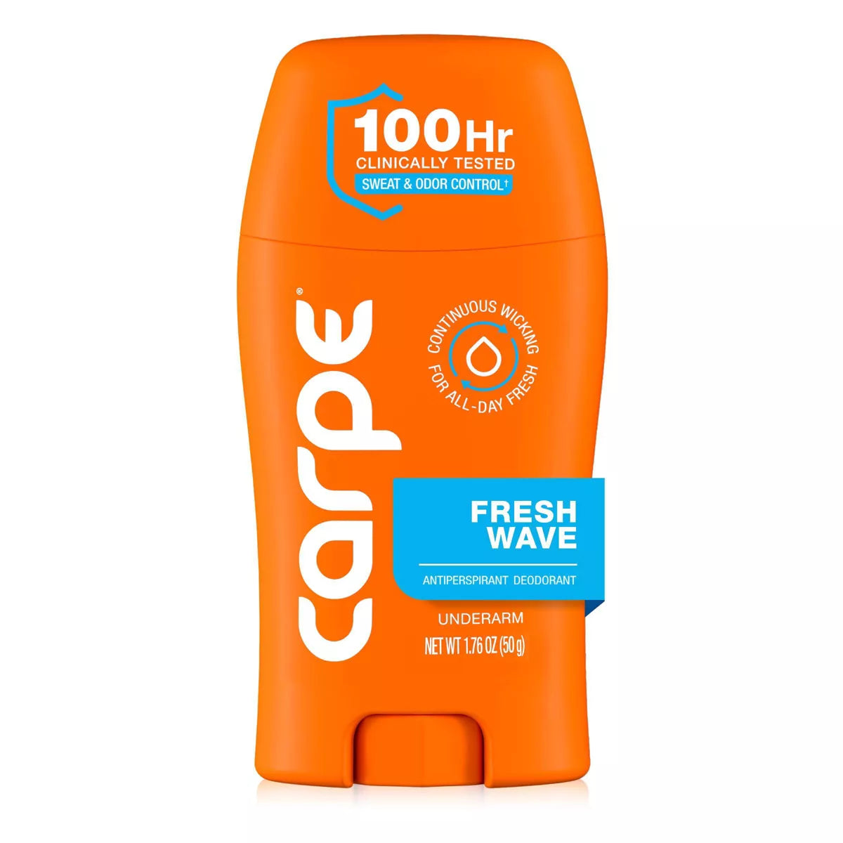 AuraLab Carpe Men’s 100HR sweat and odor control underarm antiperspirant deodorant stick, 1.76oz, with clinical testing label visible