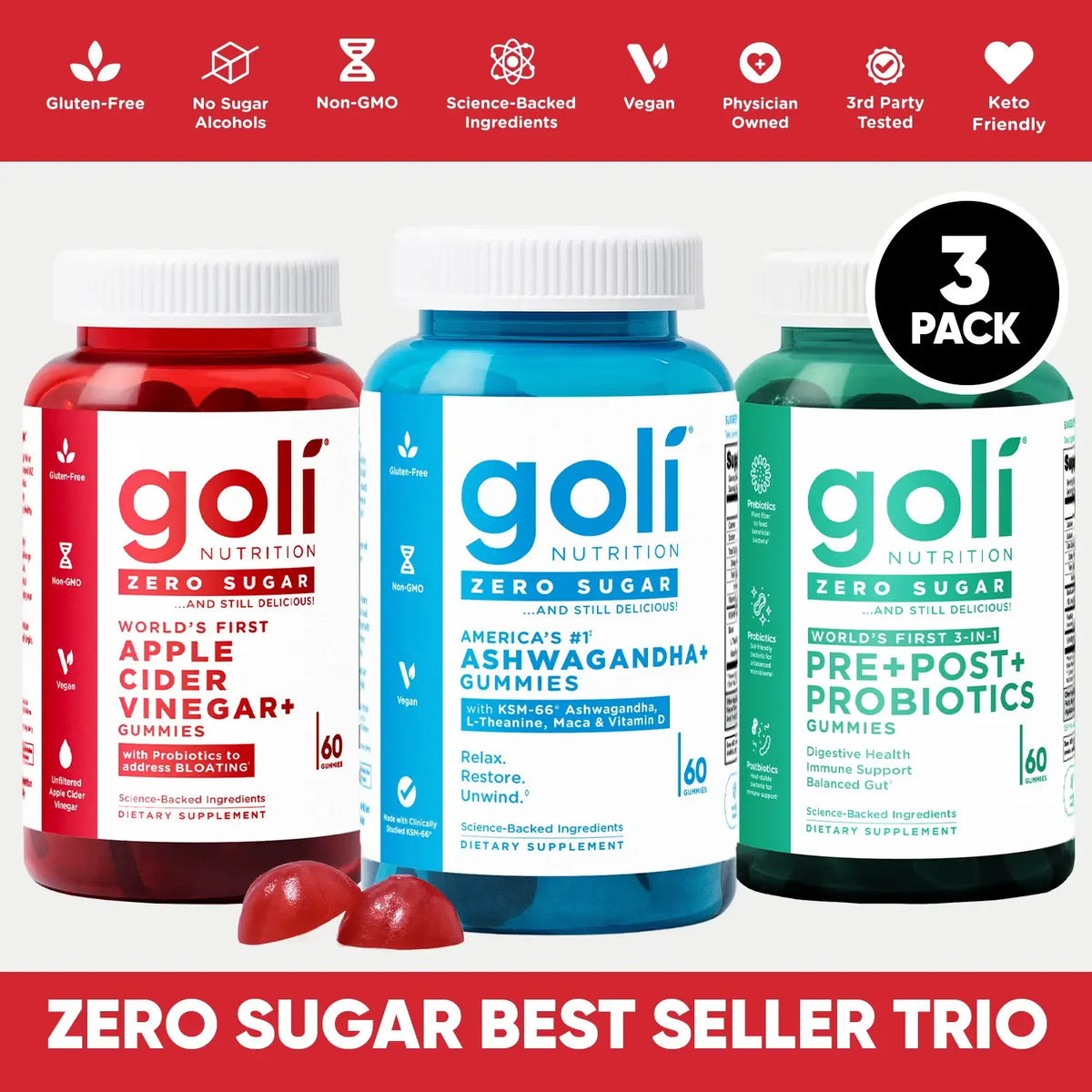 AuraLab Zero Sugar Best Seller Trio with apple cider vinegar, probiotics, vitamin B12, ashwagandha, L-Theanine, and vegan gummies.