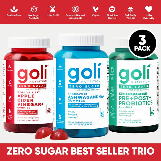 AuraLab Zero Sugar Best Seller Trio with apple cider vinegar, probiotics, vitamin B12, ashwagandha, L-Theanine, and vegan gummies.