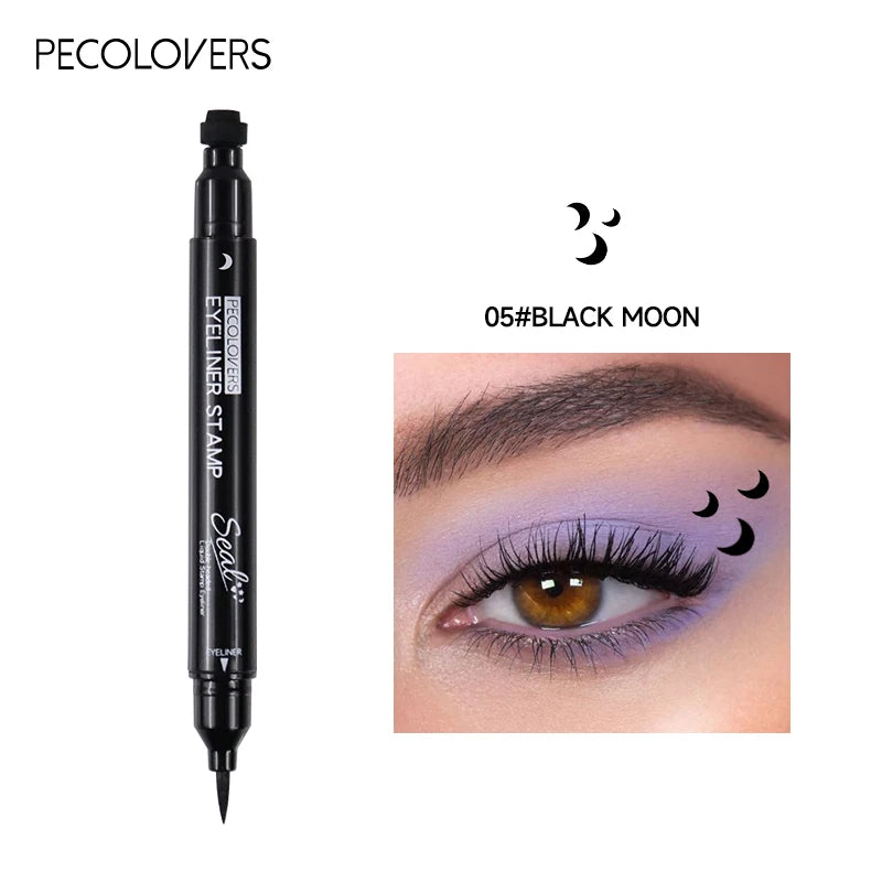AuraLab 2-in-1 black liquid eyeliner with moon stamp, double-head design, quick-dry, smudge-proof, long-lasting, easy-to-use eye makeup tool.