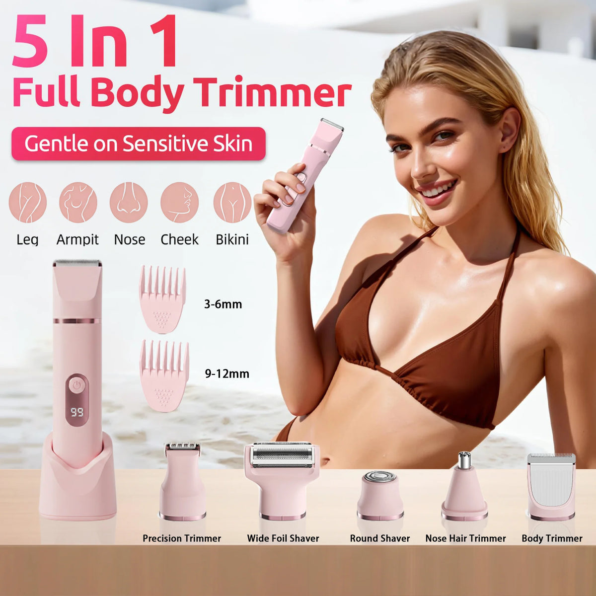 AuraLab electric razor shaver bikini trimmer for women, pink 5-in-1 cordless hair remover with LED display for face, legs, underarms.