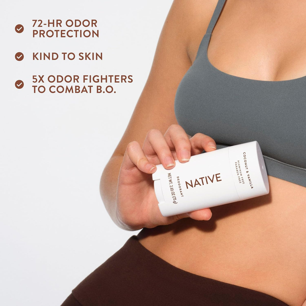 AuraLab aluminum-free deodorant with coconut and vanilla scent, containing natural ingredients like baking soda, coconut oil, and shea butter.