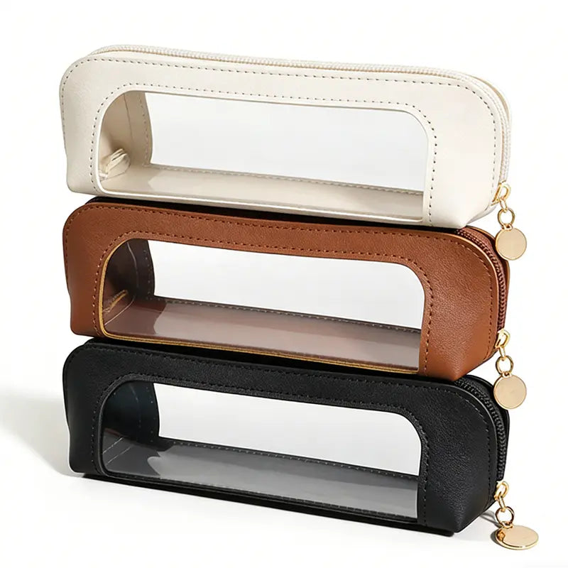 Three compact Portable Makeup Brush & Cosmetic Bag in beige, brown, and black, designed for beauty organization.