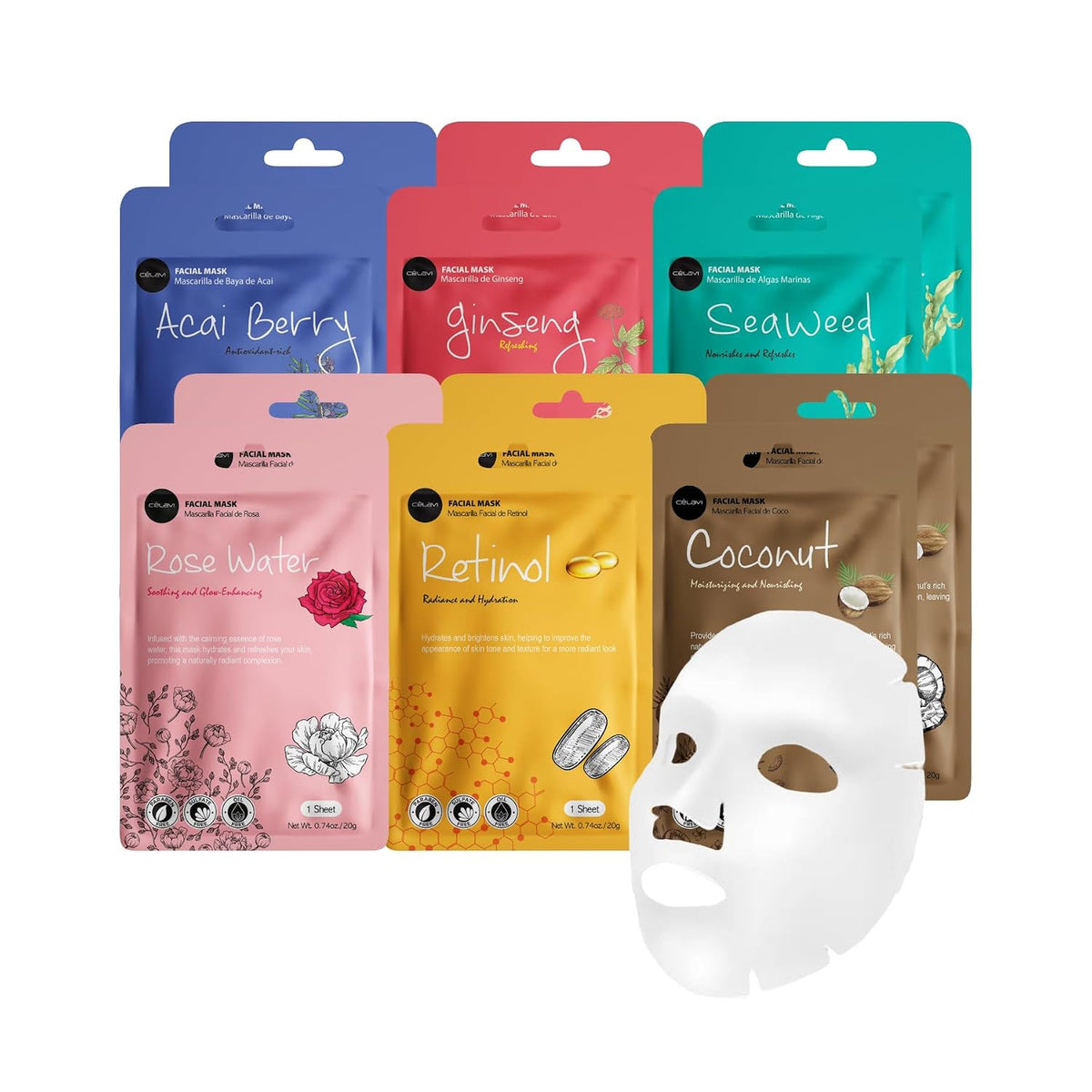 AuraLab Celavi Essence Facial Face Masks set with two moisturizing K-beauty skincare masks for hydrating skin.