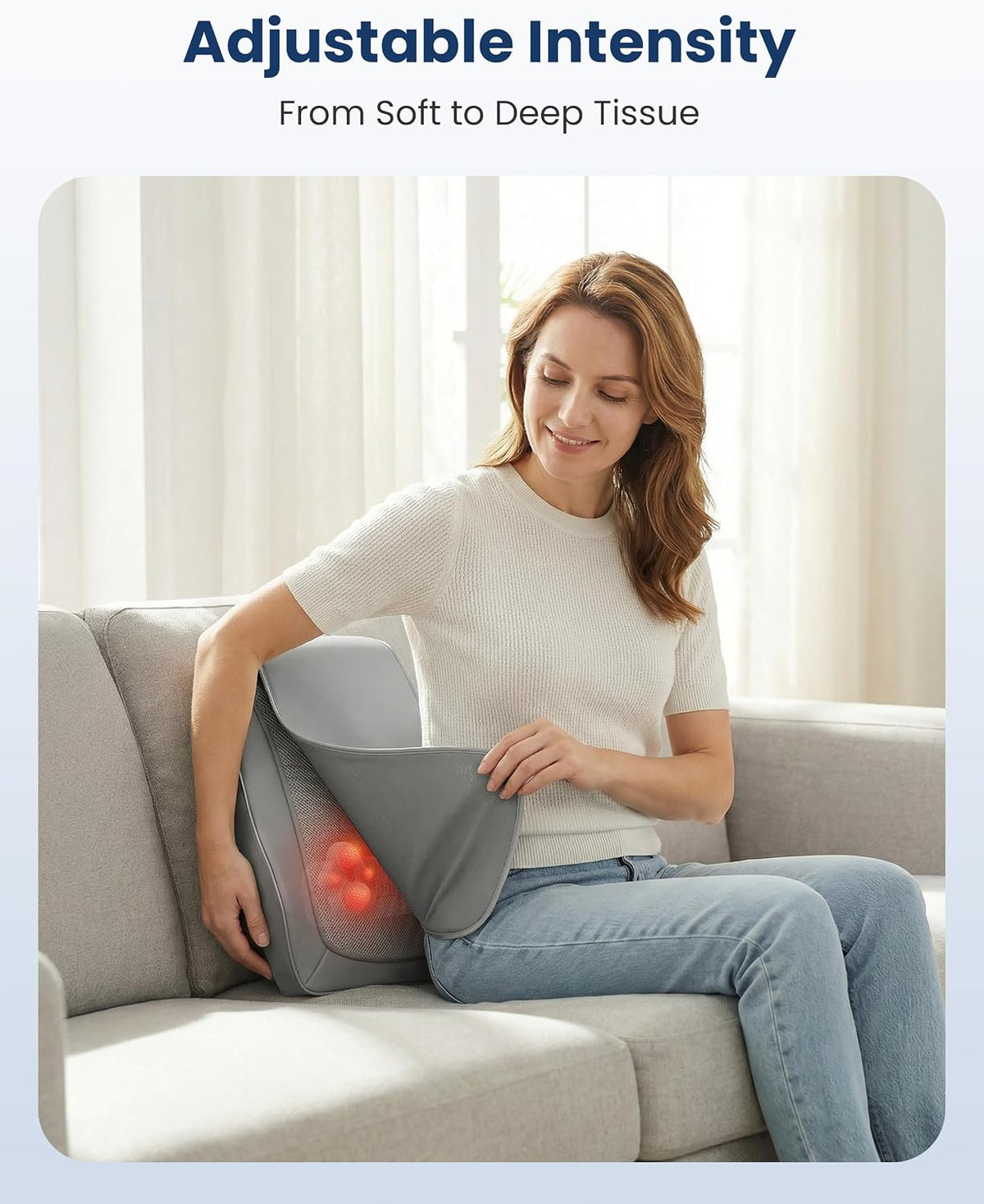 AuraLab gray shiatsu back massager with heat and vibration, knead neck and shoulder, portable deep tissue massage pillow.