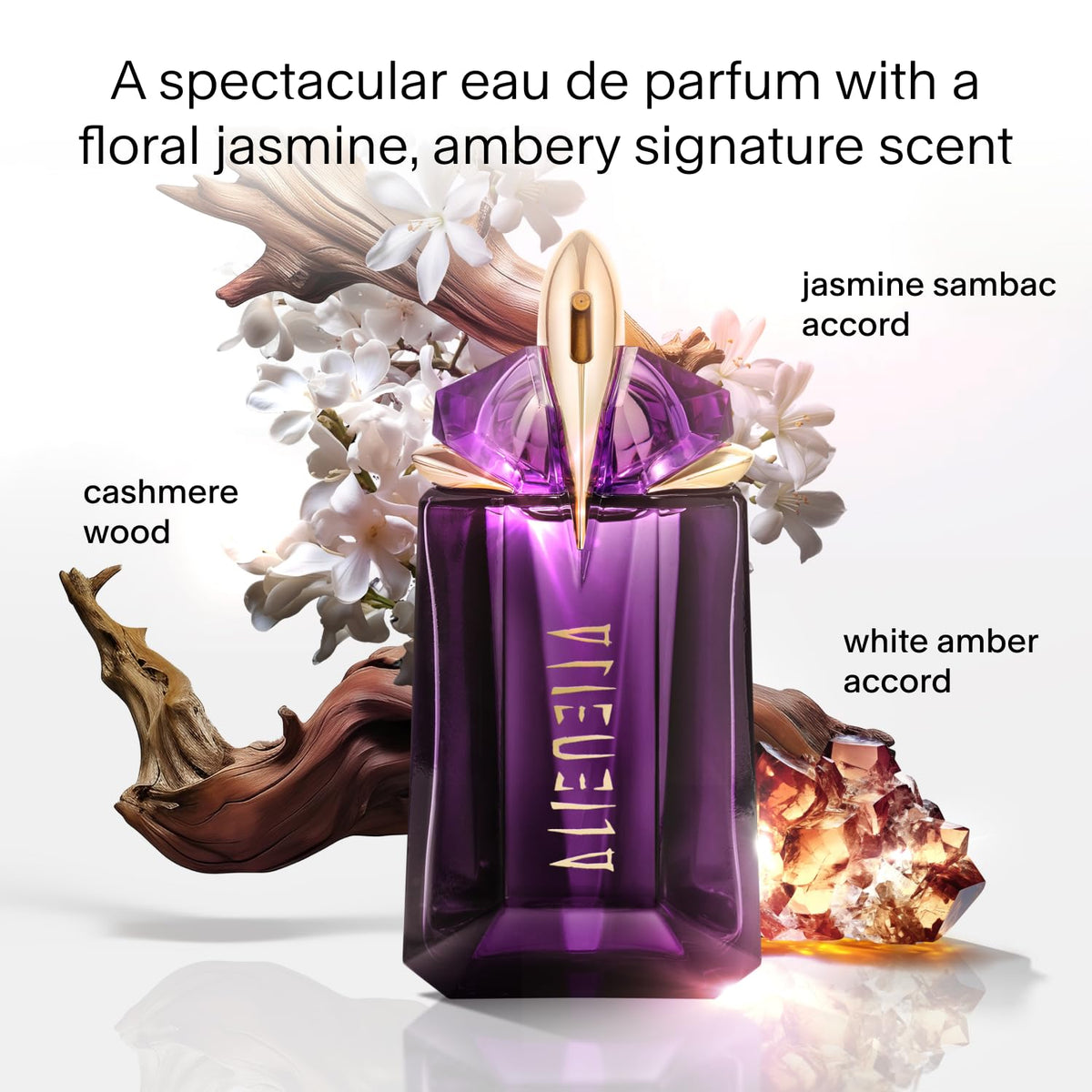 AuraLab Mugler Alien Eau De Parfum bottle featuring floral and woody notes, elegant design for women's long-lasting fragrance.