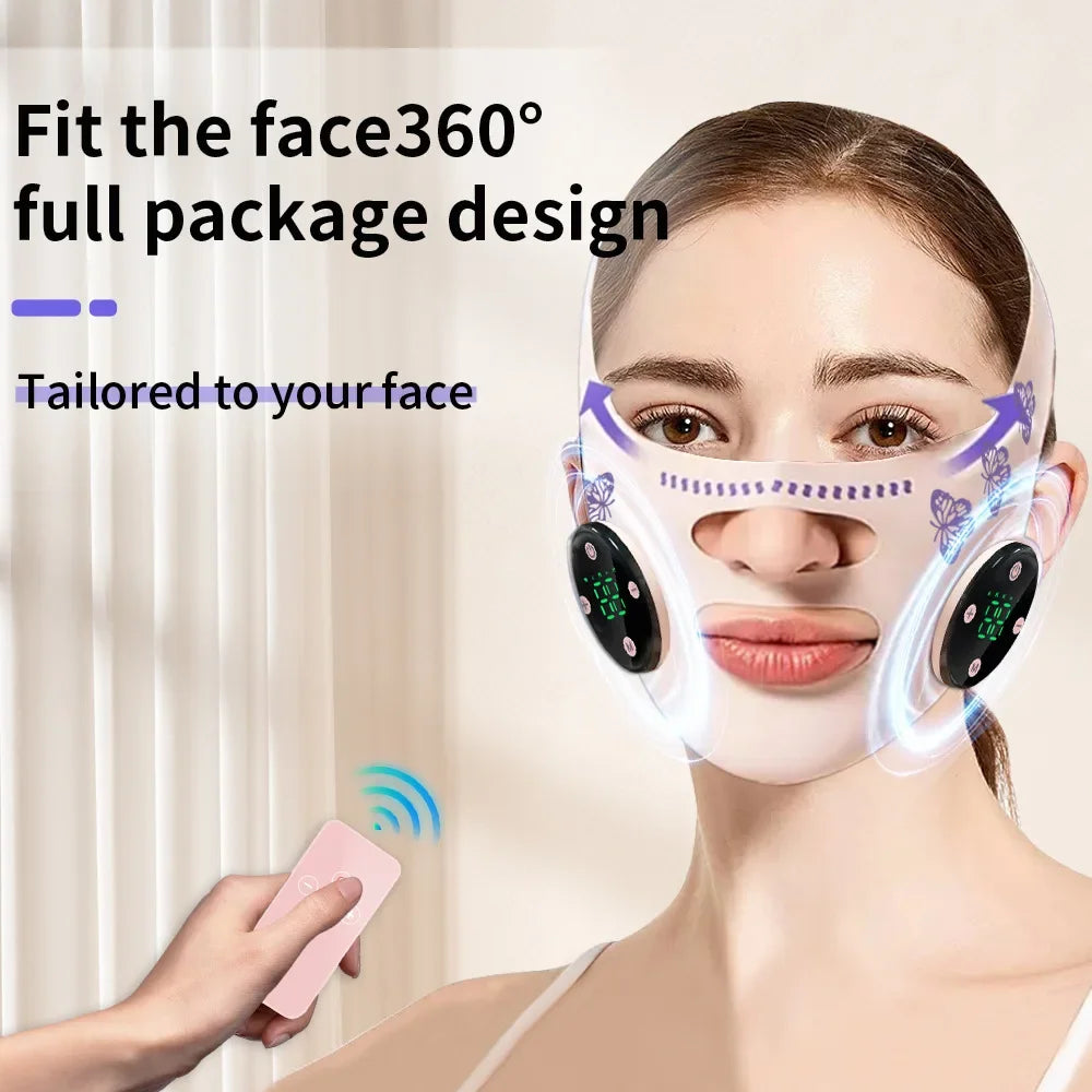 AuraLab EMS head massage mask for face relaxation, featuring facial slimming strap and cheek lift with USB charging capability.