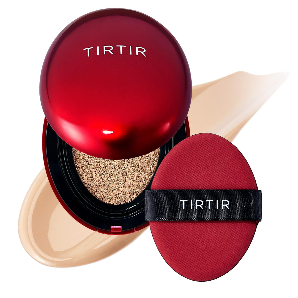 AuraLab Mask Fit Red Cushion Foundation in shade 23N Sand with full coverage, satin glow finish, skin fit, and buildable Korean makeup.