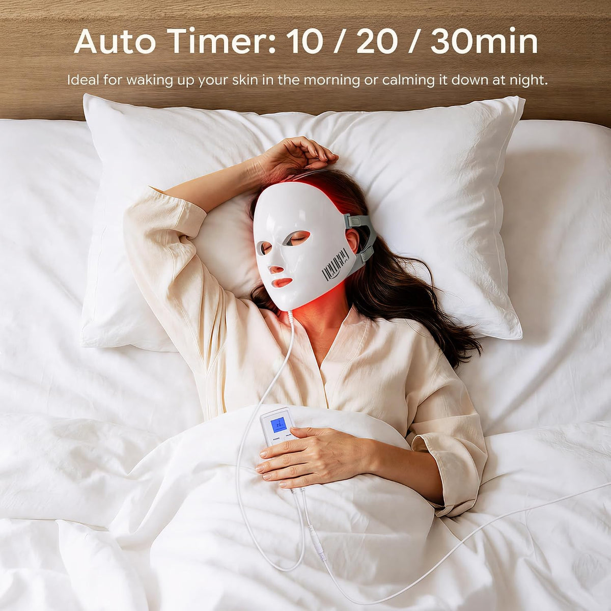 AuraLab red light therapy facial mask with 150 LEDs, featuring 7 color options for anti-aging, acne, and skin rejuvenation at home.