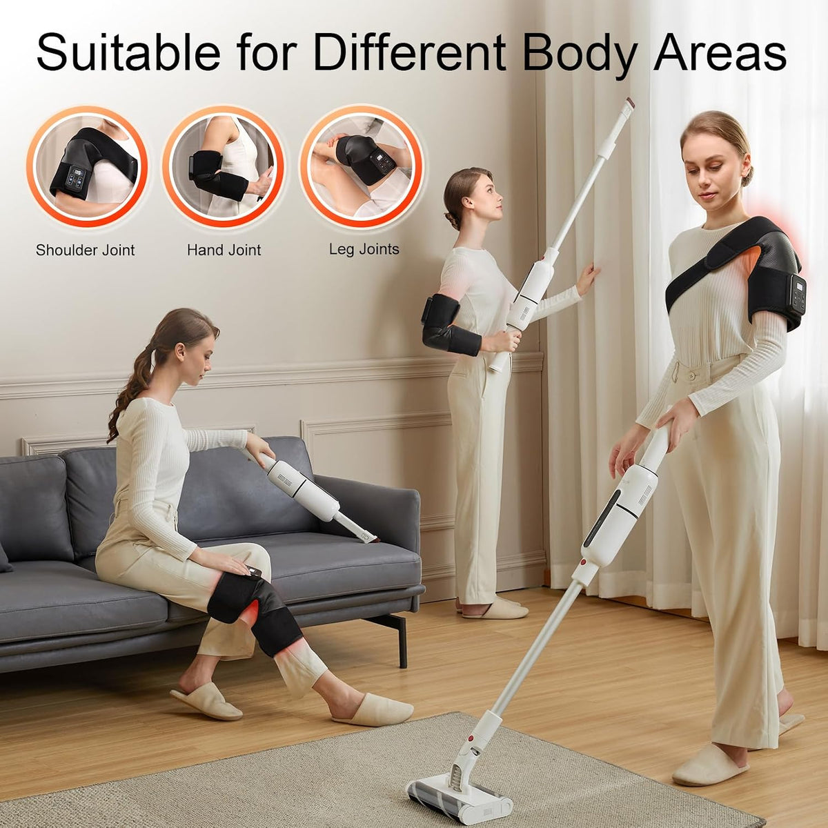AuraLab cordless 2-in-1 knee and shoulder massager with heat, showing the compact device and heated pad in use.