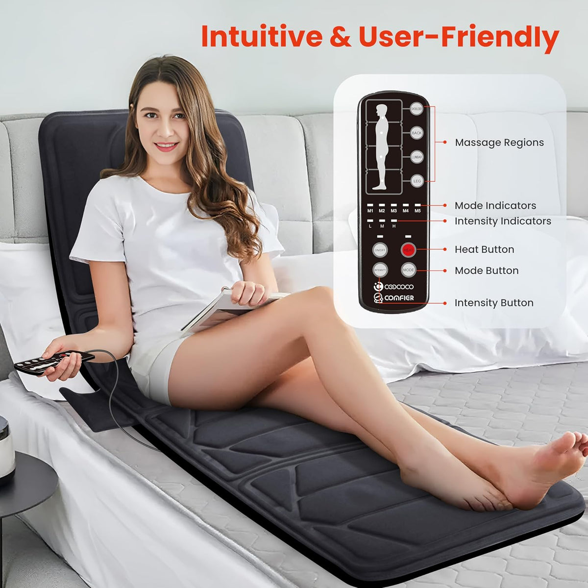 AuraLab full body massage mat with heat, featuring 10 motor massage pads on sofa or bed for relaxing relief.