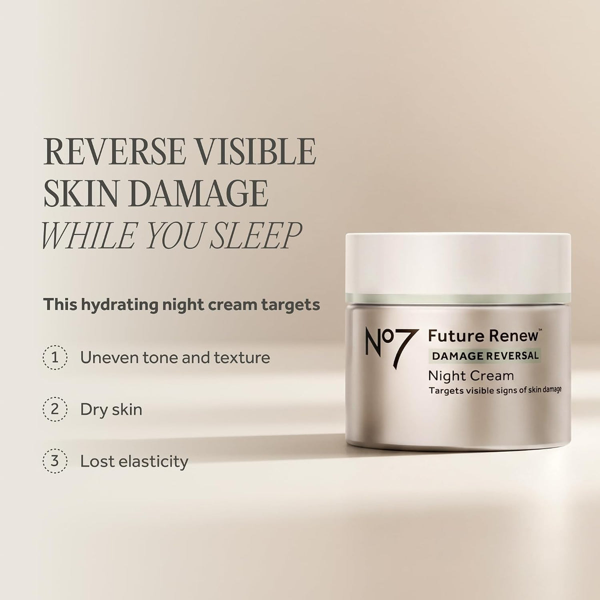 AuraLab Future Renew Damage Reversal Night Cream jar showing the 1.69 oz container with sleek packaging and product label.
