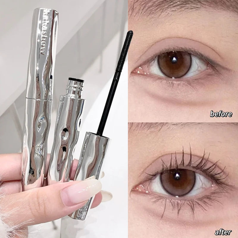 AuraLab silver silk fiber matte mascara with ultra-fine brush, waterproof, fast-drying, and lengthening for eyelash extensions.