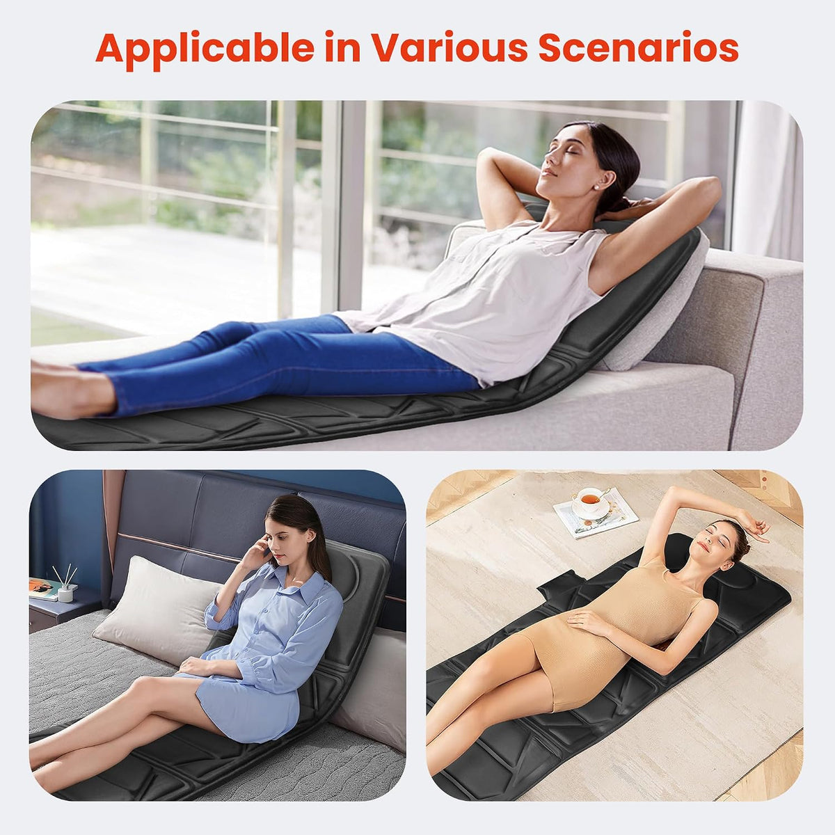 AuraLab full body massage mat with heat and 10 motors, shown on a sofa, providing relaxing massage therapy.
