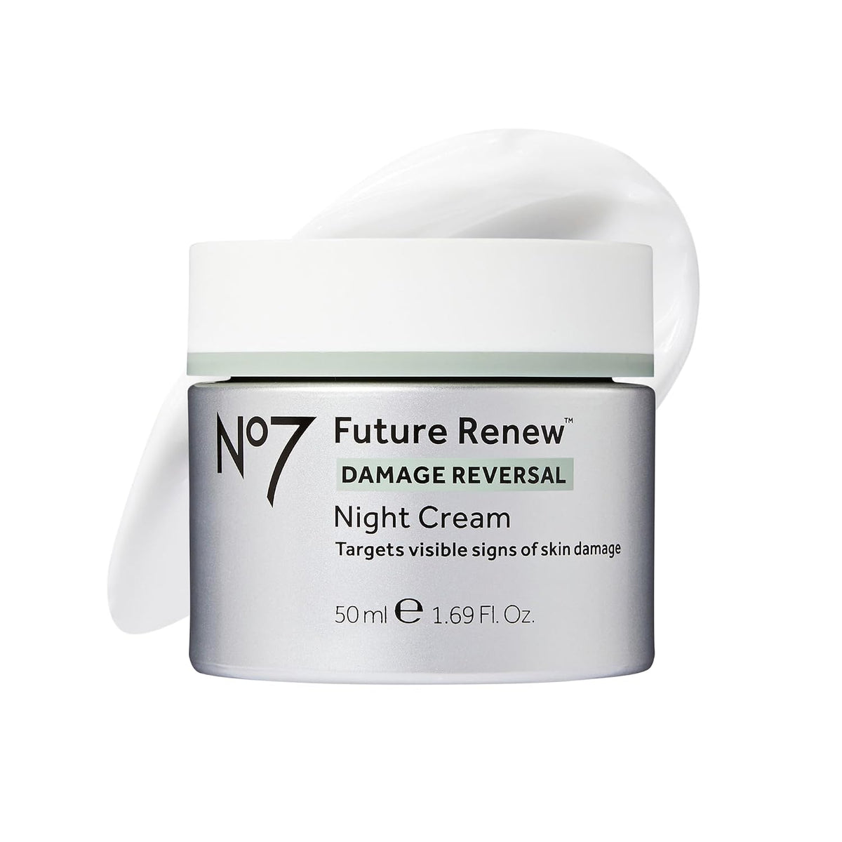AuraLab Future Renew Damage Reversal Night Cream jar showing the 1.69 oz container with a sleek, modern design and product label.