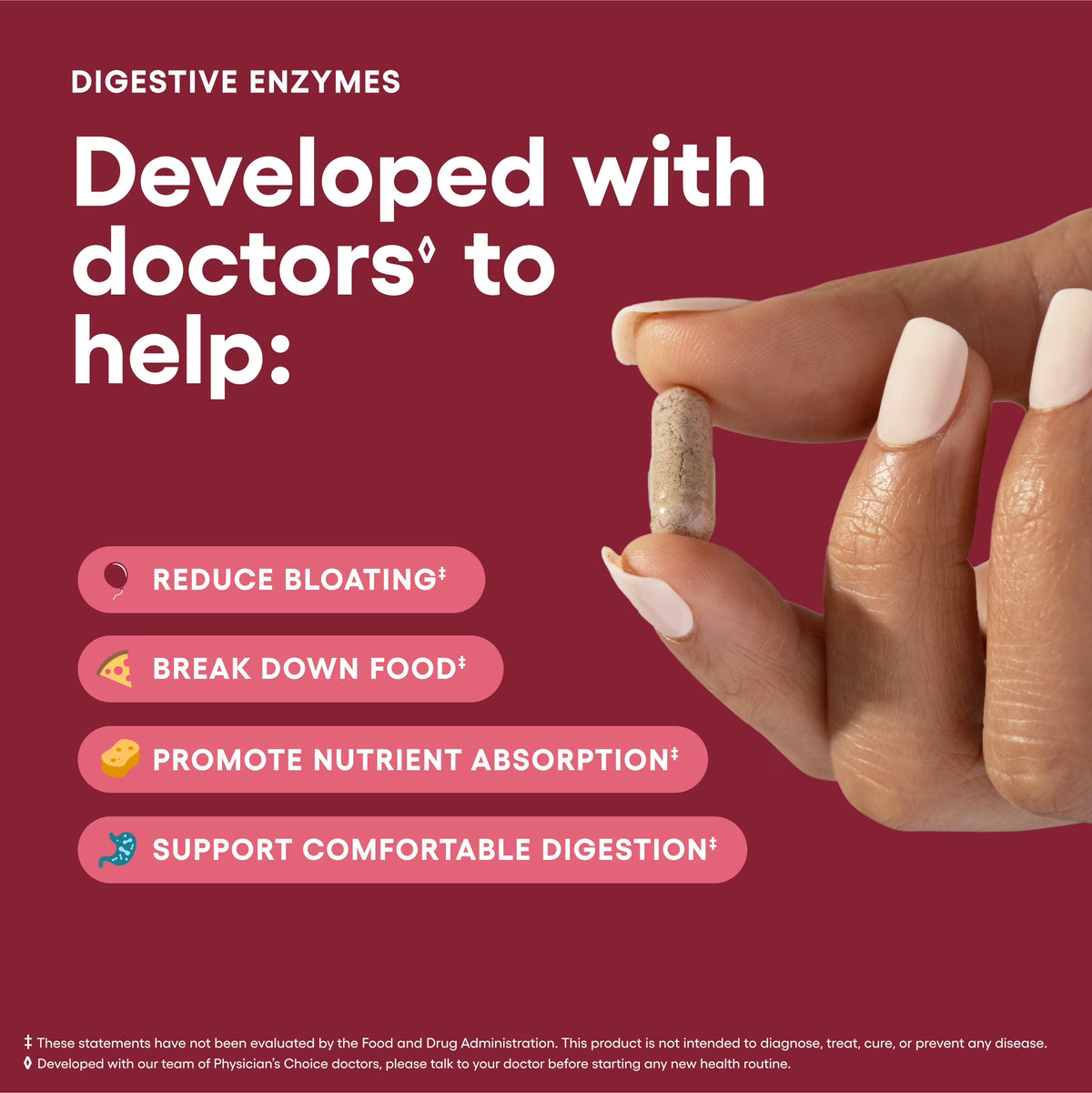 AuraLab Physician's Choice Digestive Enzymes bottle, 180 count, for gut health, bloating relief, and digestive support in men and women.
