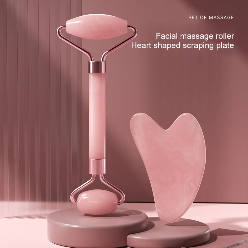 AuraLab dual size facial massage kit with heart-shaped Gua Sha board and double-end roller for skin lifting and puffiness reduction.