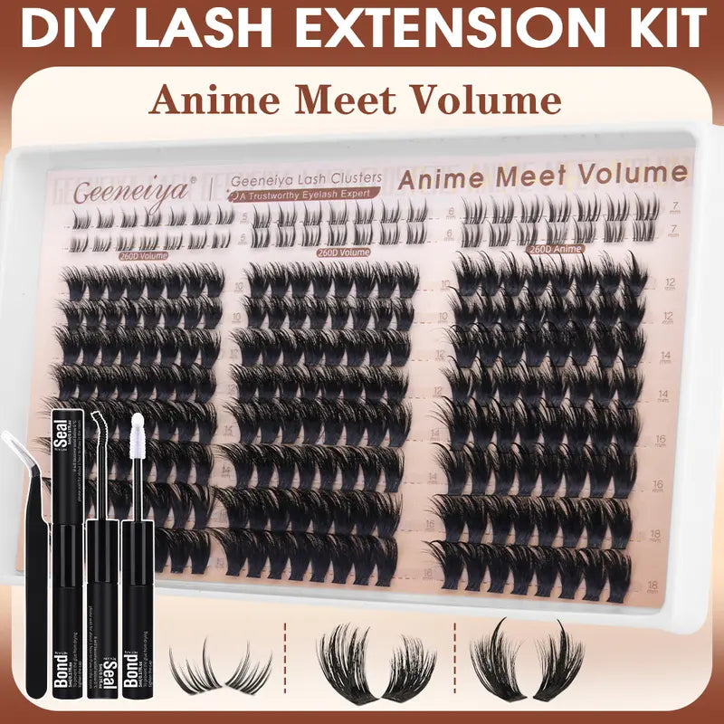 Geeneiya Anime Meet Volume Lash Clusters Kit with Bottom Lashes |Volume Lashes |Spike Lashes | with Waterproof Lash Bond and Seal, Tweezers,Diy Lash Clusters Kit D Curvature #Sohochic