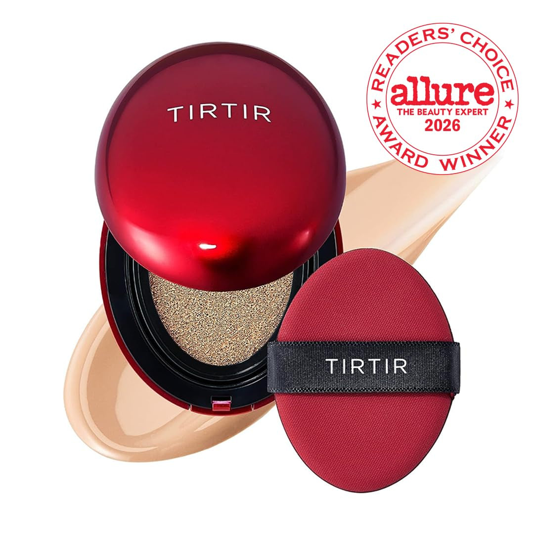 AuraLab Mask Fit Red Cushion Foundation in shade 23N Sand showing a compact with full coverage, satin glow finish, and buildable Korean makeup.