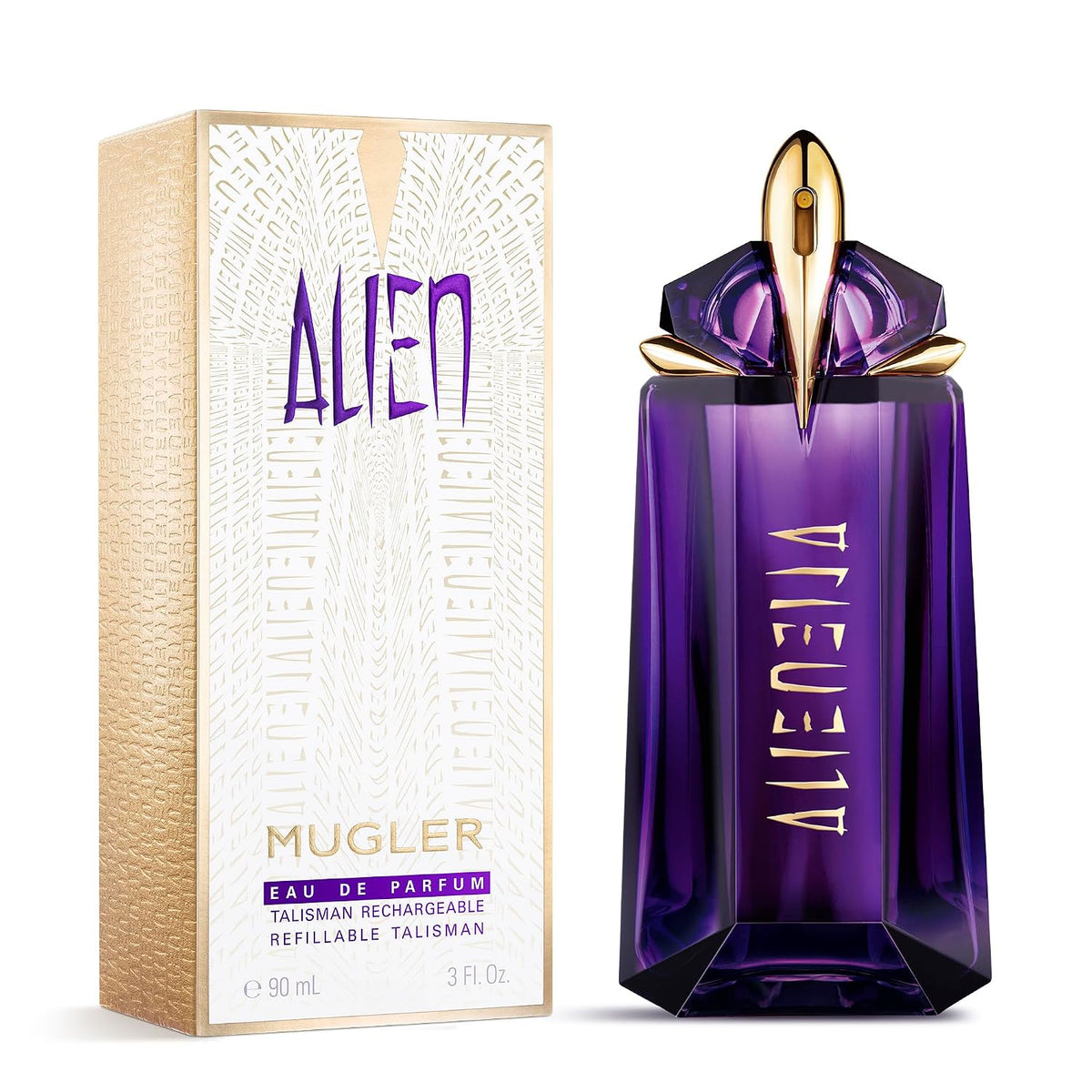 AuraLab Mugler Alien Eau De Parfum bottle featuring floral woody scent, long-lasting women's perfume with elegant design.