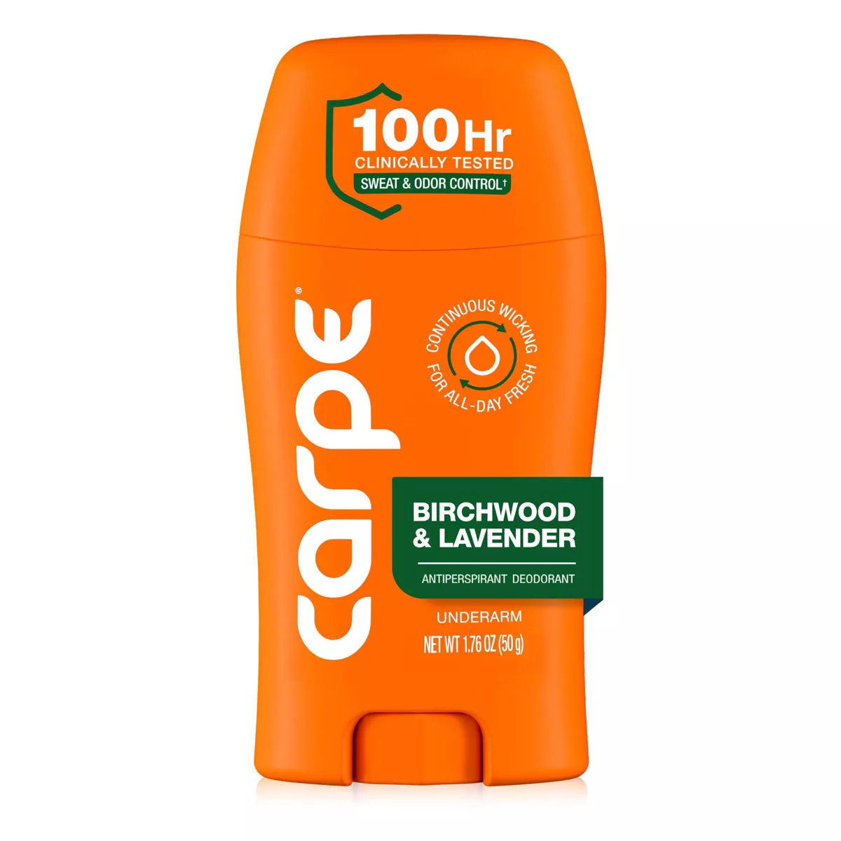 AuraLab Carpe Women’s 100HR sweat and odor control underarm antiperspirant deodorant in 1.76oz bottle, with clear packaging and branding.