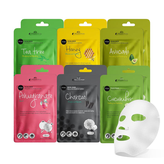 AuraLab Celavi Essence Facial Mask sheet pack with 12 moisturizing paper masks, featuring a mix of different skincare formulas.