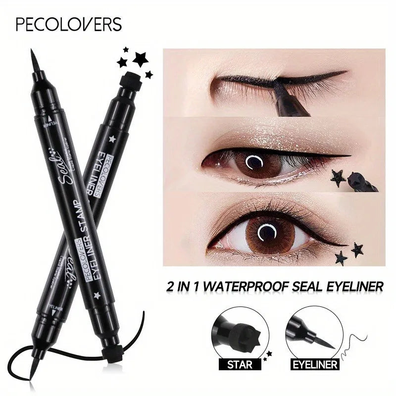AuraLab 2-in-1 black liquid eyeliner with moon stamp, double-head design, quick-drying, non-smudge, long-lasting eye makeup tool.