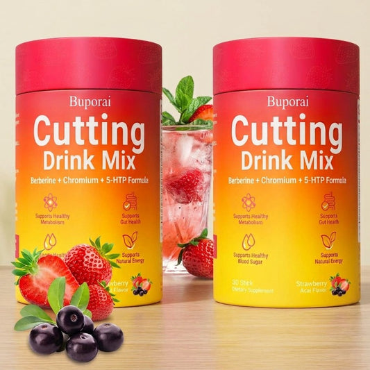 AuraLab Cutting Drink Mix cans with Berberine, 5-HTP, Yerba Mate, and Magnesium for weight management and gut health.