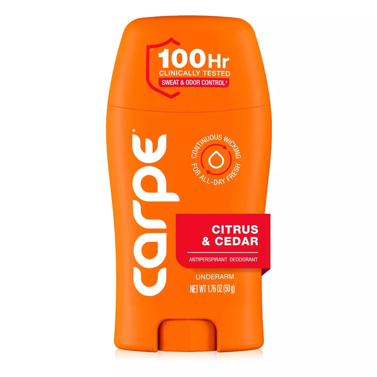 AuraLab Carpe Men’s 100HR clinical sweat and odor control underarm antiperspirant deodorant, 1.76oz, in a sleek stick container.
