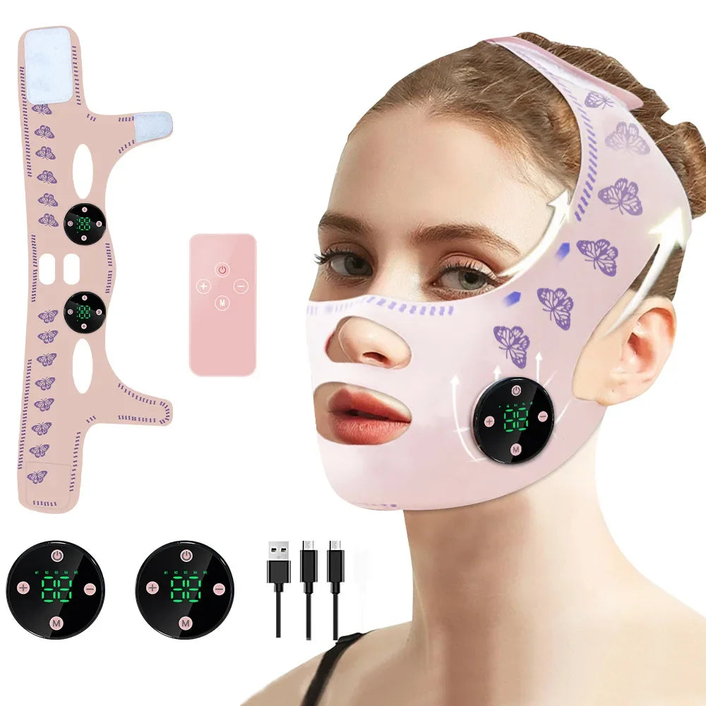 AuraLab EMS head massage facial mask showing a slim, face-lifting strap with USB charging for chin and cheek lifting and relaxation.