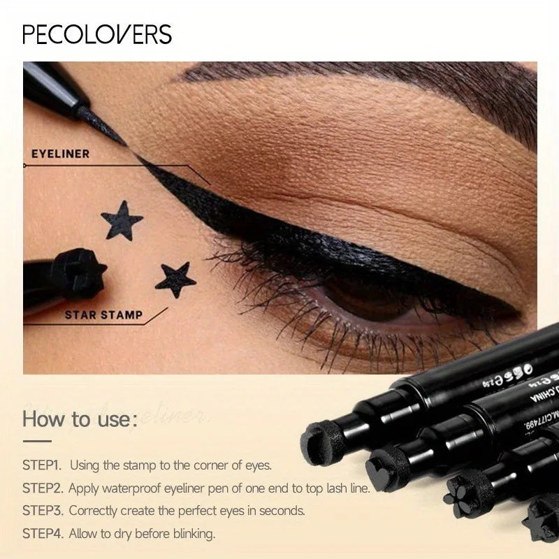 AuraLab 2-in-1 black liquid eyeliner with moon stamp, double-head design, quick-dry, smudge-proof, and easy-to-use eye makeup tool.