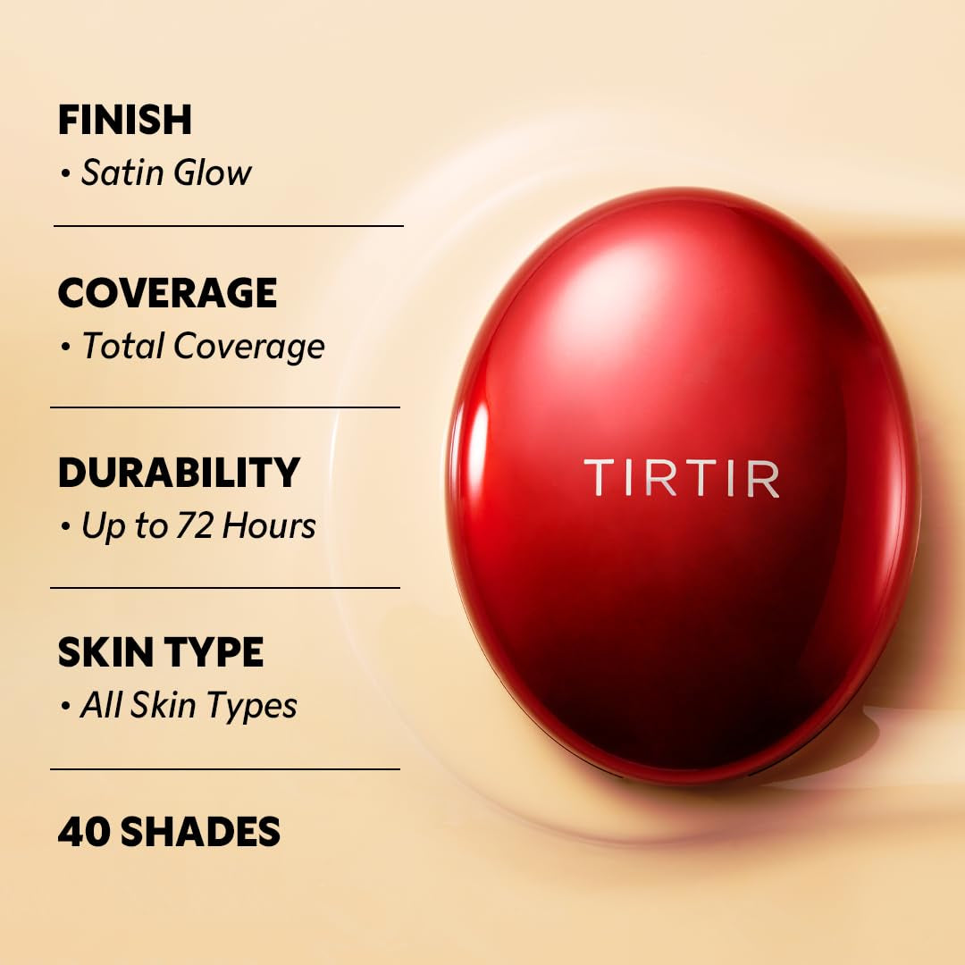 AuraLab Mask Fit Red Cushion Foundation in shade 23N Sand with full coverage, satin glow finish, skin fit, and buildable formula.