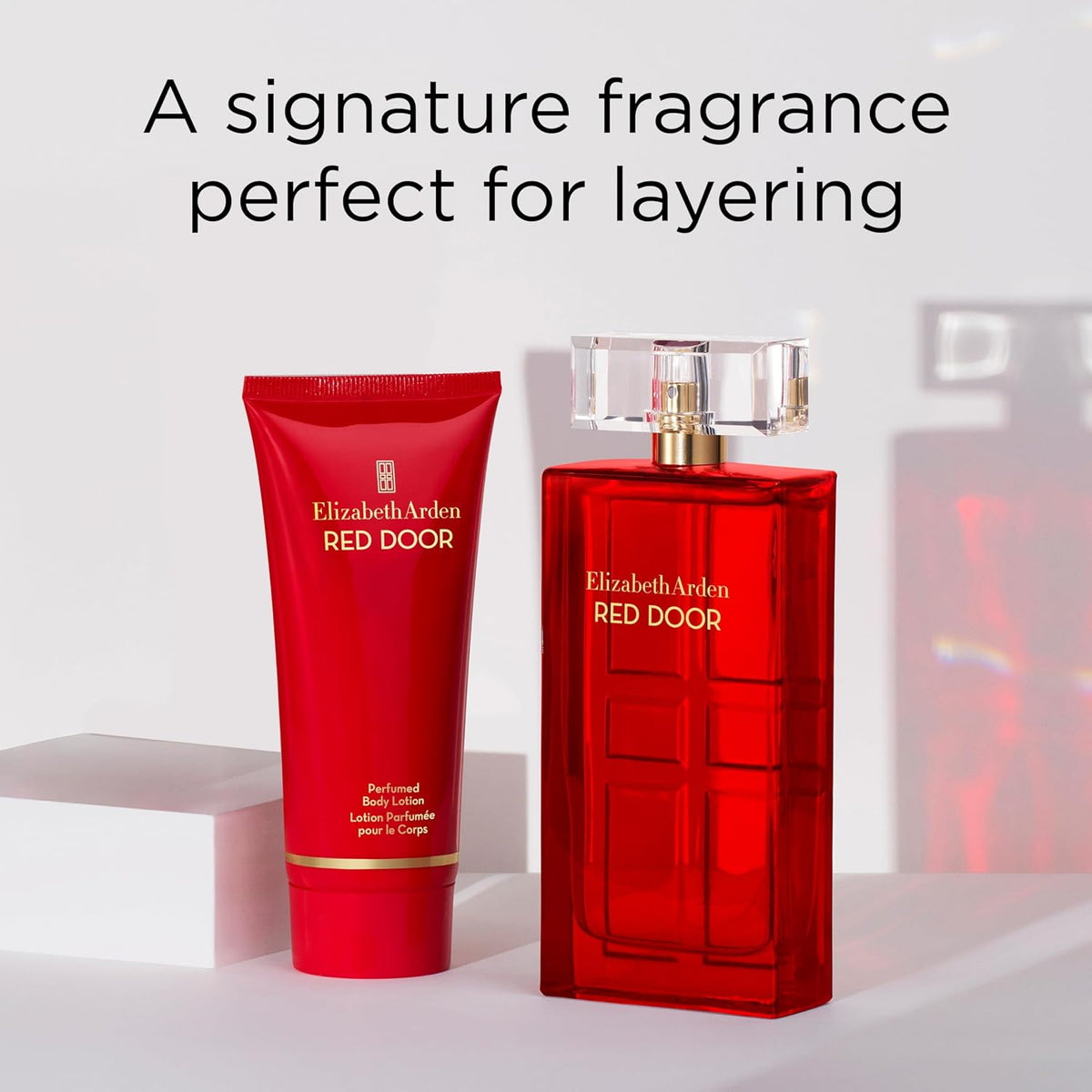 Elizabeth Arden Red Door Eau De Parfum bottle for women with elegant floral design, 1.7 fl oz, AuraLab branding visible.