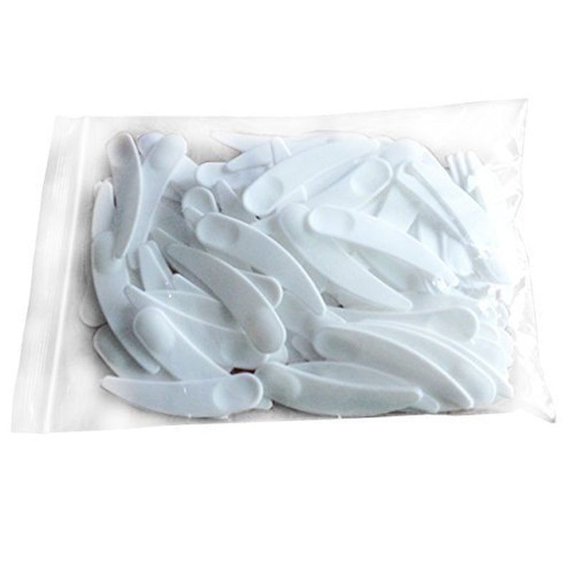 White mini curved cosmetic scoop makeup mask plastic spoons by AuraLab, 100-pack, ideal for skincare and beauty application.