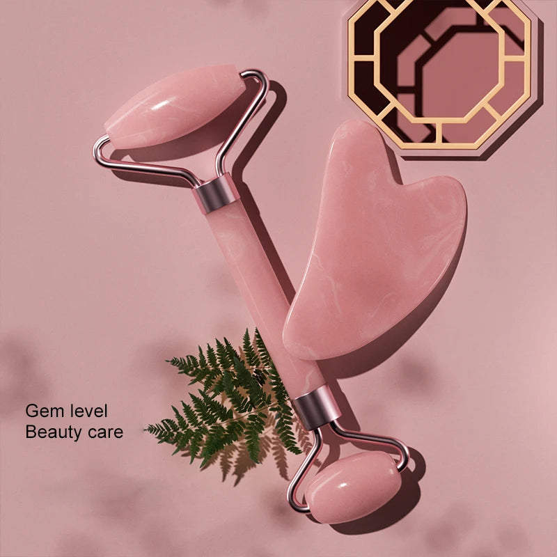 AuraLab dual size facial massage kit with double end roller and heart-shaped Gua Sha board for skin lifting and puffiness reduction.