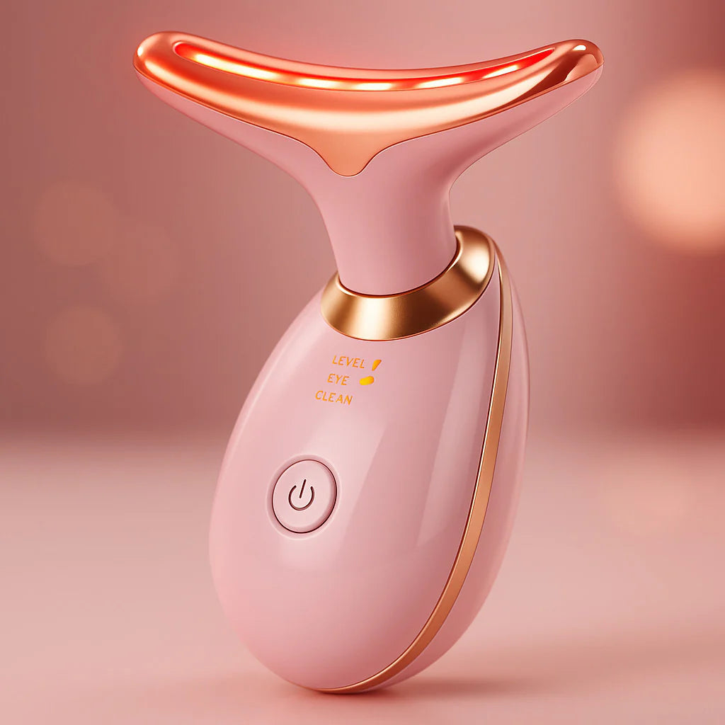 AuraLab neck face lifting massager with LED lights for skin tightening and anti-wrinkle treatment, targeting double chin.
