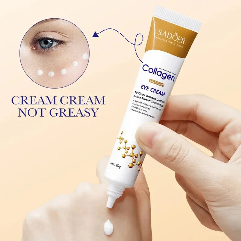 AuraLab SADOER collagen eye cream jar with applicator, featuring creamy texture for reducing dark circles and firming skin around eyes