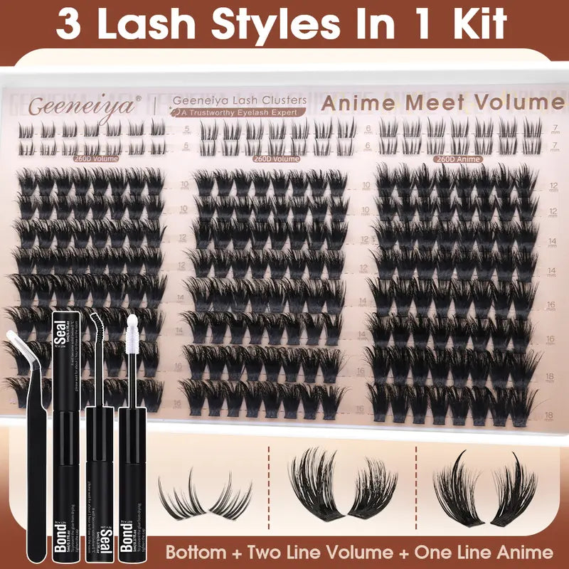 Geeneiya Anime Meet Volume Lash Clusters Kit with Bottom Lashes |Volume Lashes |Spike Lashes | with Waterproof Lash Bond and Seal, Tweezers,Diy Lash Clusters Kit D Curvature #Sohochic