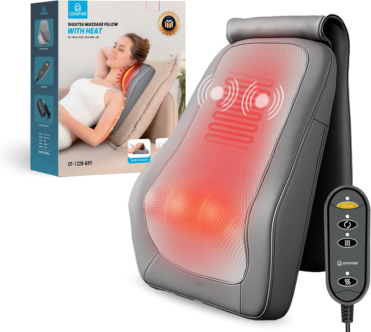 AuraLab shiatsu back massager with heat and vibration, gray, showing kneading massage nodes and built-in heat function.