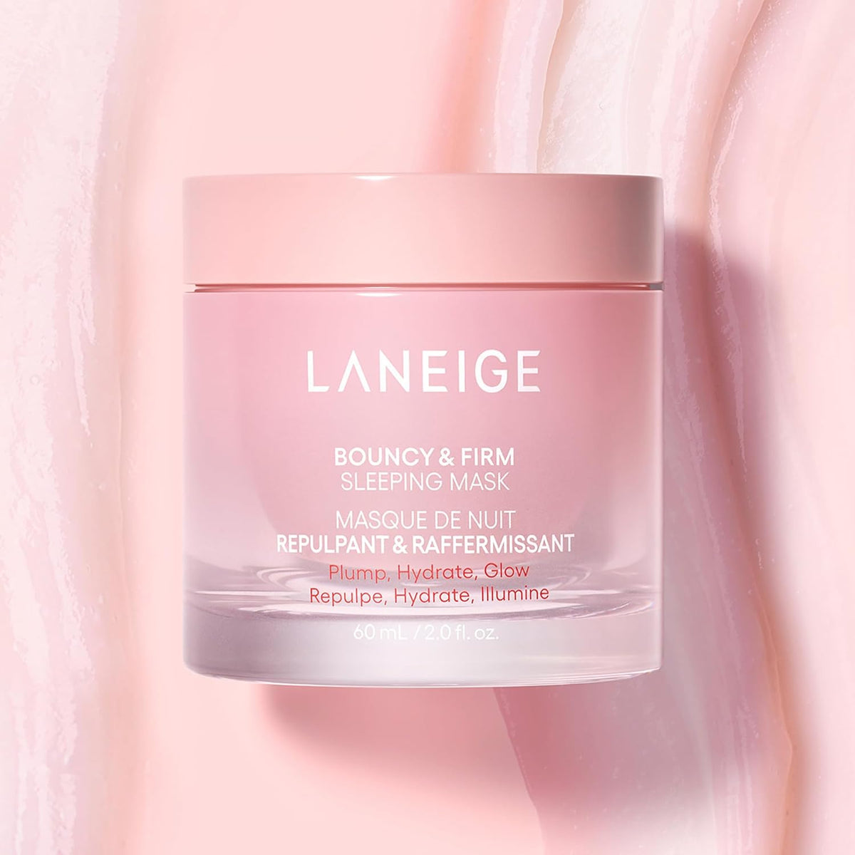 AuraLab Laneige Bouncy & Firm Sleeping Mask applied to a woman’s face, showcasing glossy, hydrated skin and a relaxed expression.
