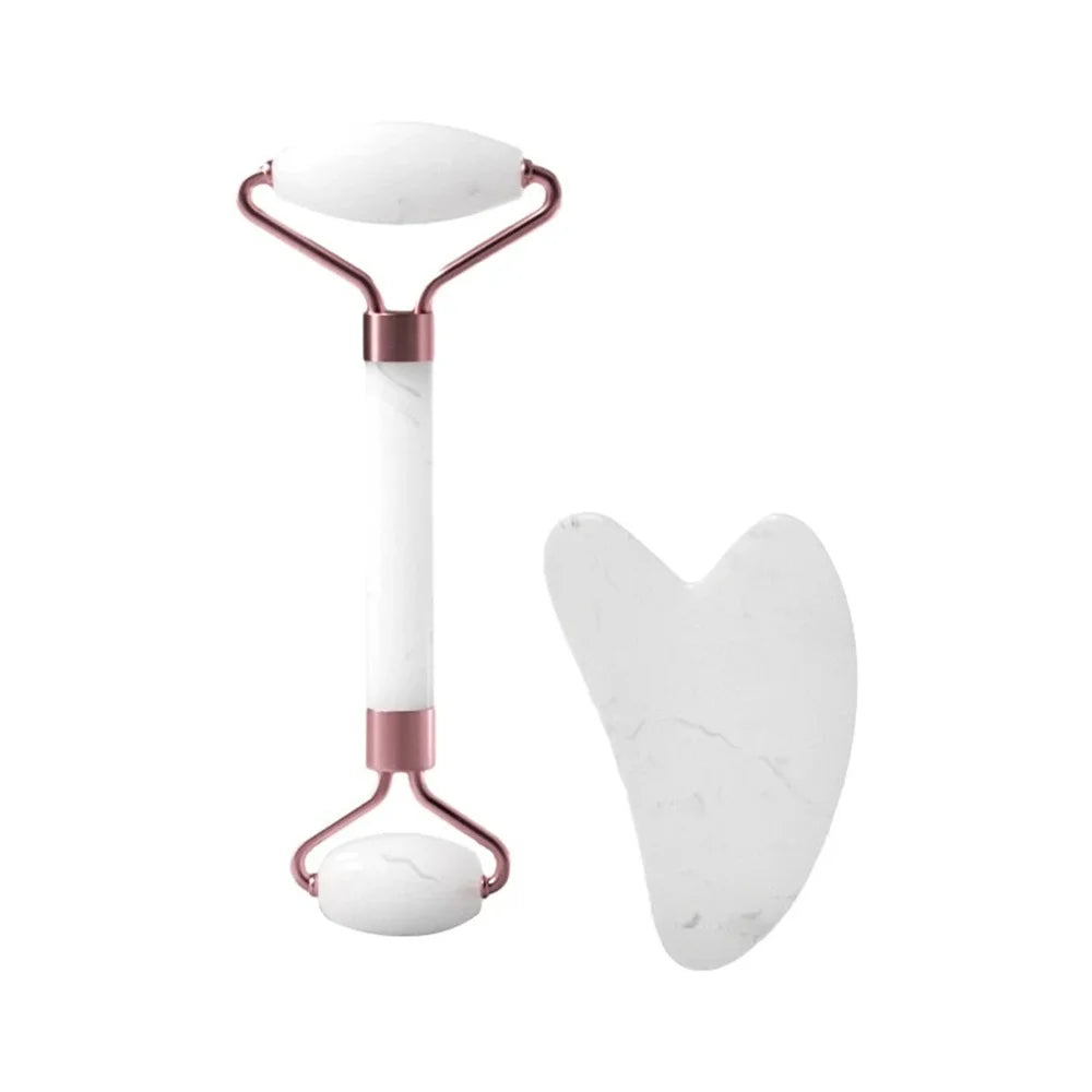 AuraLab dual size facial massage kit with heart-shaped Gua Sha board and double end roller for skin lifting and puffiness reduction.